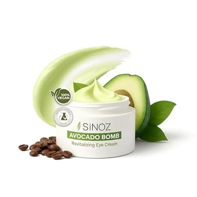 sinoz Avocado Caffeine Eye Cream for Dark Circles & Puffiness, Lightweight Under Eye Moisturizer, Vegan Daily Care, 0.5 fl oz (15 ml)