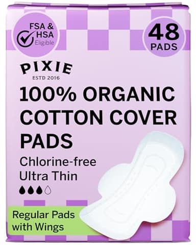 Pixie Organic Cotton Ultra Thin Pads with Wings for Women - Leak-Proof & Moisture-Wicking for Feminine Care - Compostable, Unscented Menstrual Pads - Regular Absorbency - FSA Eligible - 48 Count