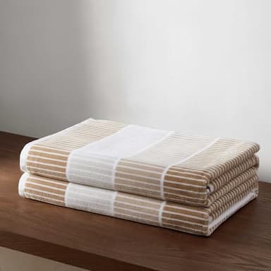 Calvin Klein - Beach Towels, 2-Piece Soft & Absorbent Towel Set, Classic Stripe Beach Essentials (Blocked Beige, 36" x 68")