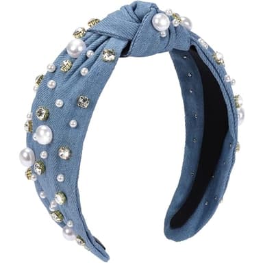 WantGor Pearl Knotted Headband, Women Rhinestone Embellished Hairband Elegant Wide Top Knot Bride Headbands Headpieces Party Fashion Elegant Ladies Hair Band Hair Hoop Accessories (Denim blue)