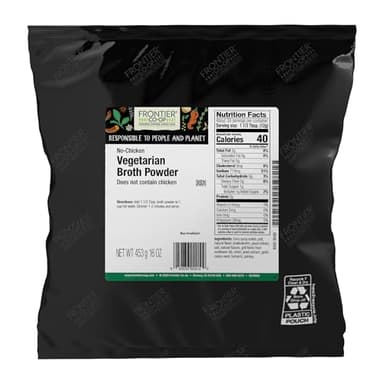 Frontier Co-op Vegetarian Broth Powder, 1lb - Vegan, No-Chicken, Veggie Alternative to Bouillon Powder - Bulk Bag, Shaker Refill, Restaurant Supply