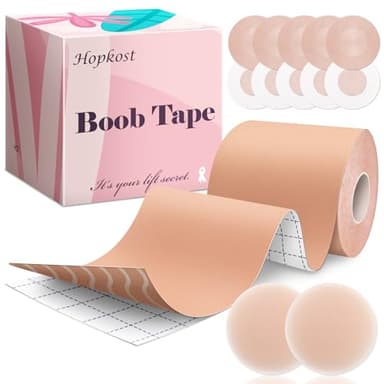Hopkost Boob Tape Breast Lift Tape for Large Breasts with 2 Pcs Nipple Covers Invisible Boobtape for A-G Cup(Beige,3 in)