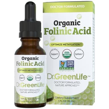 Dr. Green Life USDA Organic Folinic Acid Drops - 500 mcg per Drop | Methylation Support B9 Supplements for Kids & Adults | Supports Neurological Function, Nervous System Health & DNA Synthesis
