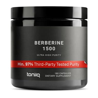 Toniiq Ultra High Strength Berberine HCl from The Himalayas - 100:1 Concentrated Extract - Lab-Tested 97% Berberine HCl - 180 Vegetarian Capsules, 1500 mg per Serving