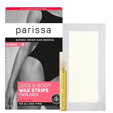 Parissa Natural Legs & Body Wax Strips | Large Ready-to-Use Strips, Beginner-Friendly & Gentle on Sensitive Skin | Includes Post-Wax Ultra Soothe Oil | 48 Strips (24 x 2)