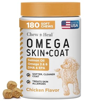 Omega 3 Fish Oil for Dogs - 180 Soft Chews for Itch Relief, Shedding & Hot Spots - Skin and Coat Supplement - Salmon Oil, EPA & DHA - Allergy Chews - Made in USA - Chew + Heal