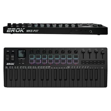 EROK 37 Keys MIDI Keyboard Controller with 3.5mm MIDI Output, 16 Backlit Drum Pads, 8 Knobs, DAW Integration & Arpeggiator, Music Production Equipment and Studio Controller (Dark)