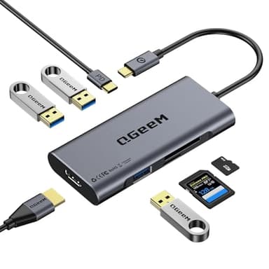 USB C Hub, QGeeM USB 4k to HDMI Adapter, 7 in 1 USB-C Dongle with 100W PD,USB 3.0, Card Reader, Compatible for MacBook iPhone 15/17 Ipad Pro max,Chromebook Laptop USB Type C Dock-Grey