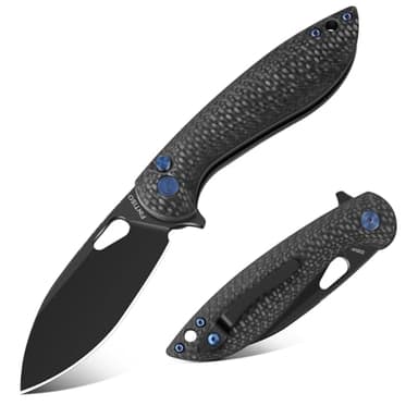 FINTISO Pocket Knife, 3.1" Unique S35VN Blade Folding Knife with Button Lock, EDC Knife with Carbon Fiber Handle for Camping, Survival, Best Gift for Men Women-COBRA series