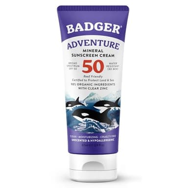 Badger Reef Safe Mineral Sunscreen, SPF 50, 98% Organic with Zinc Oxide, Non Toxic, Water Resistant, Unscented & Hypoallergenic, Broad - Spectrum, For Adventure & Sport, 2.9 fl oz