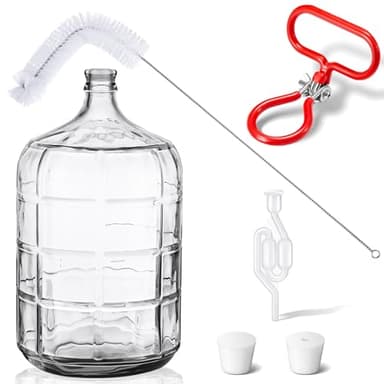 Suzile 5 Gallon Glass Carboy Set, 5 Gallon Glass Water Jug with Drilled & Undrilled Rubber Stoppers, Bubble Airlock, Handle and Brush, Fermenter Carboy Jug for Beer Wine Making Equipment (Clear)