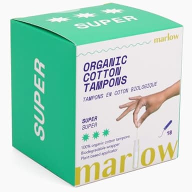 Marlow 100% Organic Cotton Easy Glide Tampons with Compact Plant Based BPA Free Applicator, Chlorine Free, Toxin Free, Hypoallergenic, Dermatologically Tested, Fragrance Free, Super, 18 Count