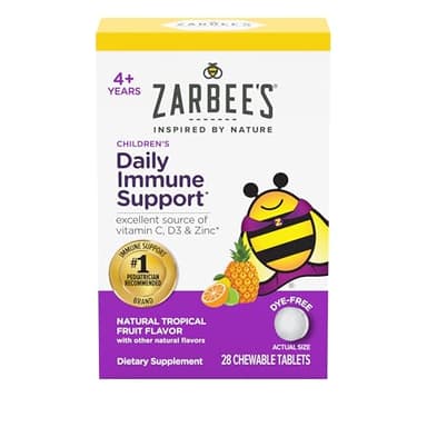 Zarbee's Kids Immune Support, Vitamin C, D & Zinc Daily Immunity Vitamins for Children 4+ Years, Natural Tropical Fruit Flavor, 28 Chewable Tablets