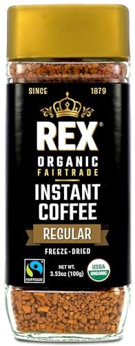 Rex Coffee Organic Fairtrade Freeze-Dried Instant Coffee – Medium Roast Arabica, 3.53 oz Glass Jar – Lab Tested for Mold, Mycotoxins, Heavy Metals, & Acrylamide