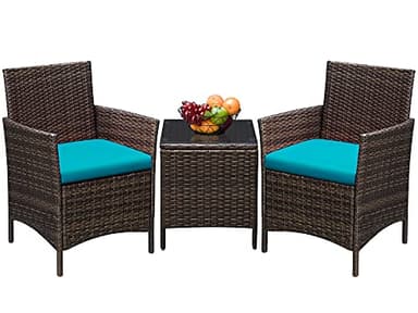 Greesum 3 Pieces Patio Furniture Sets Outdoor PE Rattan Wicker Chairs with Soft Cushion and Glass Coffee Table for Garden Backyard Porch Poolside, Brown and Blue