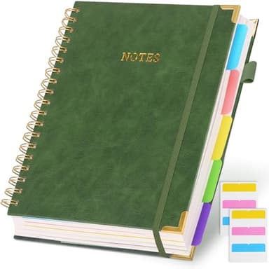 LABUK 5 Subject Notebook College Ruled with Movable Tab Dividers, 300 Pages 8"x10"/B5 Leather Hardcover Spiral Notebook, 100GSM Thick Journal Notebooks for Work, School, Green