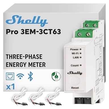 Shelly Pro 3EM 3CT 63 | Wi-Fi & LAN 3-Phase Professional Smart Energy Meter | DIN Rail | Home Automation | Compatible with Alexa & Google Home | iOS Android App | No Hub | Photovoltaic Ready