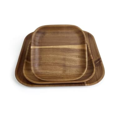Acacia Wooden Plates Set of 3, 6/8/10 Inch Square Serving Platters for Charcuterie, Appetizers, Acacia Wood Plates, Stackable Dinnerware Trays for Kitchen, Party & Entertaining (Square Tray)