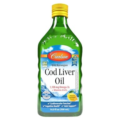 Carlson - Cod Liver Oil 1100 mg Omega-3s Plus Vitamins A & D3, Wild Caught Norwegian Arctic, Sustainably Sourced Nordic Fish Oil Liquid, Lemon, 500 mL (16.9 Fl Oz)