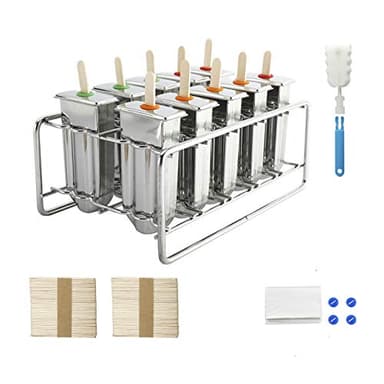 HYDDNice Stainless Steel Popside Molds Kit, 10 Ice Pop Makers Mold with Rack, 10 Silicone Seals, 100 Reusable Bamboo Sticks, 20 Pop Bags,Cleaning Brush