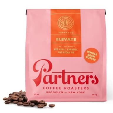PARTNERS COFFEE ROASTERS - Whole Bean Coffee (Elevate - Espresso, Medium Roast) 12oz - Well-Balanced, Espresso - Whole Coffee Beans - Lab Tested for Mycotoxins & Heavy Metals - Hand Roasted in NYC