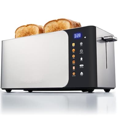 Elite Gourmet ECT5924D SmartToast Digital Long Slot 4 Slice Toaster, 1.5” Wide Slots for Thick Breads & Bagel Function, LED Touch Screen, Countdown Timer, 6 Shades, Stainless Steel