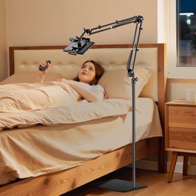 Tryone Tablet Floor Stand for Kindle Holder: E-Book Bed Mount with Page Turner Remote & Flexible Adjustable Arm, 1.85 kg Heavy-Duty Metal Base Compatible with Devices from 4.7-16.1 inches (Black)