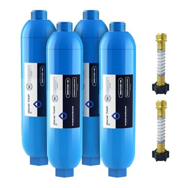 GLACIER FRESH RV/Marine Water Filter with 2 Flexible Hose Protector, Greatly Reduces Bad Taste, Odors, Chlorine and Sediment in Drinking Water, 4 Pack