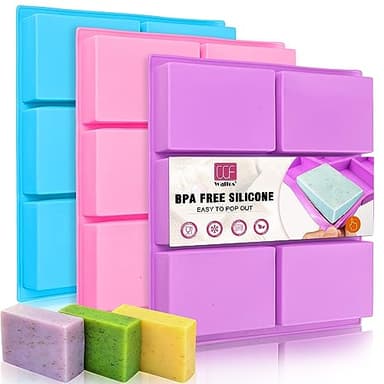 Walfos Silicone Soap Molds Set of 3, 6 Cavities Rectangle Silicone Soap Molds for Homemade Craft Soap Mold, Cake,Chocolate ＆ Ice Cube Tray（Blue & Purple ＆ Pink）