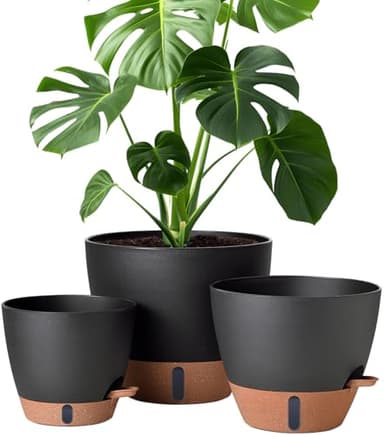 12/10/8 Inch Self Watering Pots for Indoor Plants Plastic Large Plant Pot for Outdoor Plants, Water Level Window & Spacious Reservoir Flower Pots Decorative Planter with Drainage and Tray (Black)