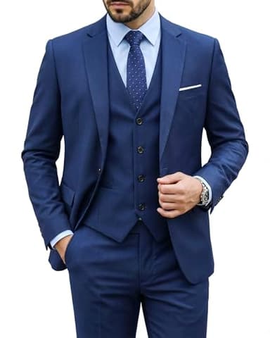 MY'S Men's 3 Piece Slim Fit Suit Set, One Button Solid Jacket Vest Pants with Tie Deep Blue