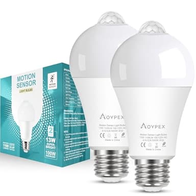 Aovpex Motion Sensor Light Bulbs, Dusk to Dawn, 13W 100W Equivalent, Movement Activated Security LED Bulb, 5000K Cool White, for Outdoor Indoor, Porch Garage Basement Hallway Closet, 2 Pack