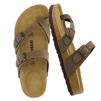 CUSHIONAIRE Luna Sandals for Women, Cork Footbed Womens Sandals for Summer Comfort with Adjustable Straps, Wide Width Available, BROWN 6