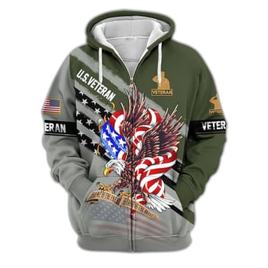 American Eagle Men's Green Veteran Zip-Up Hooded Sweatshirt