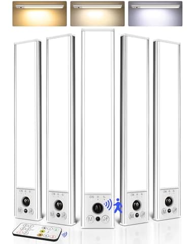 EZVALO 5-Pack Under Cabinet Lighting, 2400mAh Rechargeable Motion Sensor Light, 10inch Magnetic Closet Lights with Dimmable & 3 Color Temps, Wireless Motion Activated Lights with Remote for Kitchen