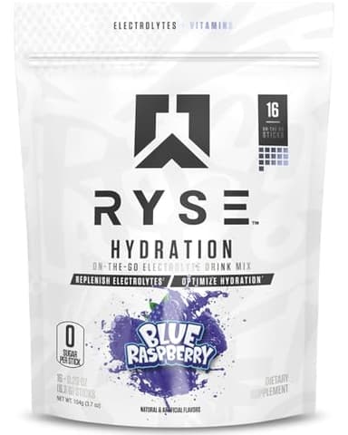 RYSE Hydration Electrolyte Powder Drink Mix Packets - Blue Raspberry - Sugar-Free Full Spectrum Electrolytes with Essential Vitamins, Taurine and Choline for Rehydration - 16 Serving Sticks