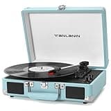 Vinyl Record Player with Treble & Bass Gain Vintage 3-Speed Bluetooth Suitcase Portable LP Turntable Player with Built-in Speaker, 33 45 78RPM, Belt Drive, Auto Stop, RCA/AUX/Headphone Jack, Turquoise