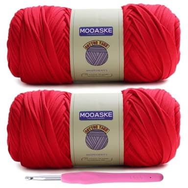 Mooaske 2 Pack T-Shirt Crochet Yarn for DIY Knitting Crochet Cloth Blanket Bag Dolls - 400g Chunky Thick Yarn for Crocheting with Polyester-Spandex Blend Elastic Fabric (Red)