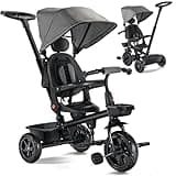 TODEFULL Kids' Tricycle, 6 IN1 Baby Trike with Removable Canpoy& Push Handle, Toddler Bike for Kids 12-60 Months, 360° Swivel Seat, Folding Pedal, EVA Wheels，Storage Basket, Grey