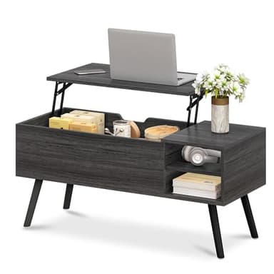 ALINE FURNITURE Gray Coffee Table Lift Top - Dark Grey Coffee Table with Solid Wood Legs, Hidden Storage Compartment & Open Shelves - 40" Rectangle Coffee Tables for Living Room