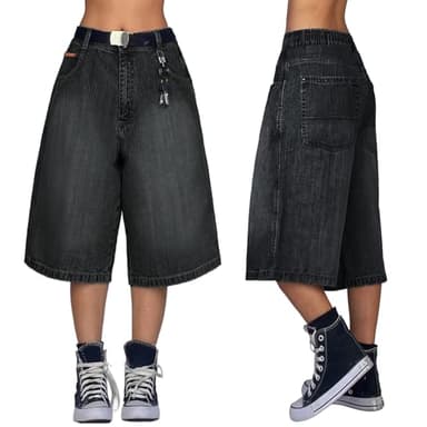 EMMIOL Baggy Jorts for Women Wide Leg Denim Shorts Y2k Mid Rise Bermuda Streetwear Boyfriend Jean Shorts with Pockets, Black, XS