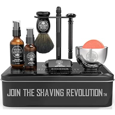 Viking Revolution Luxury Safety Razor Shaving Kit - Includes Double Edge Safety Razor, Stand, Bowl, After-Shave Balm, Pre-Shave Oil, Badger Brush - Safety Razor Kit