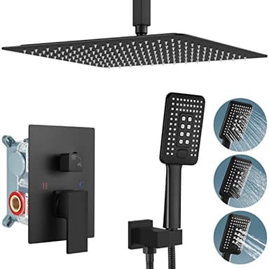 Aolemi Ceiling Mount Shower System with ABS 3 Functions Handheld Spray Luxury High Pressure Shower Faucet Set Rough-in Valve and Shower Trim Kit Included Bathroom Matte Black 16 Inch Shower Head