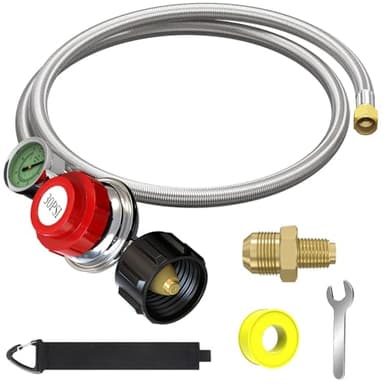 5FT 0-30 PSI Adjustable High Pressure Propane Regulator with Gauge 0~60PSI Gas Flow Indicator Stainless Propane QCC1 Hose with 3/8 Flare x 1/8 MNPT Fits for LP Gas Cooker, Burner, Turkey Fryer, Smoker