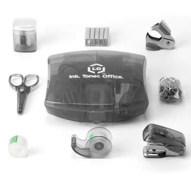 LD Products Black Mini Office Supply Kit Portable Case with Scissors, Paper Clips, Tape Dispenser Set, Pencil Sharpener, Mini Stapler with Staples and Staple Remover