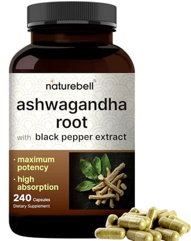 NatureBell Ashwagandha with Black Pepper Extract, 240 Capsules | Ashwagandha Complex with Root Extract – Herbal Supplements for Women & Men – Non-GMO, Gluten Free