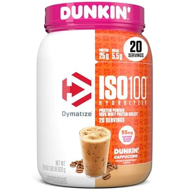 Dymatize x Dunkin' Cappuccino ISO100 Whey Protein Powder, 95mg Caffeine, 25g of Protein5.5g BCAAs, 120 Cal., Gluten Free, 1g Fat, 1g Sugar, 2g Carb (20 Servings)