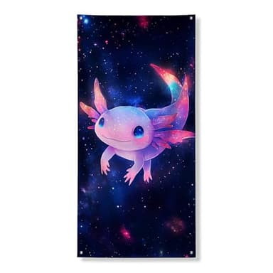 Galaxy Axolotl Door Cover Banners Decorative, Colorful Cosmic Creature Front Door Decor, Indoor Outdoor Space Themed Holiday Supplies 36x72 Inch