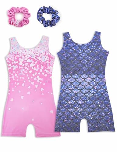 Tstiti Gymnastics Leotards for Girls 2 Pack Sparkly Kids Biketards Dance Unitards Matching Hair Scrunchies Heart Mermaids 9-10 Years