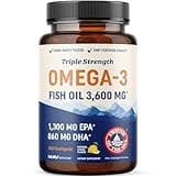 Triple Strength Omega 3 Fish Oil 3600 mg | EPA & DHA | Over 2100mg Omega-3 Fatty Acids | 1300mg EPA + 860mg DHA | Best Essential Fatty Acids | Premium Wild Caught & Burpless Fish Oil | 180 Ct